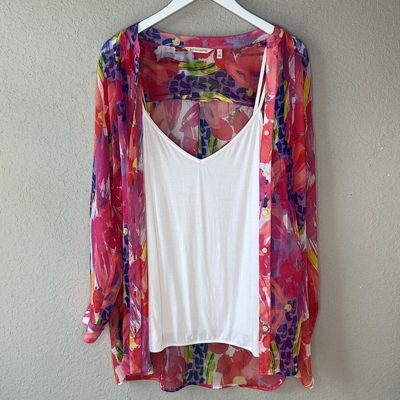 Soft Surroundings Sheer Multicolor Summer Festival Tunic Button Down Size L - Picture 8 of 16